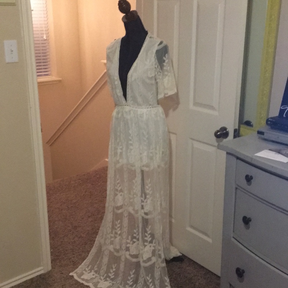 Haute Monde Ivory Sheer Lace Jumpsuit Romper